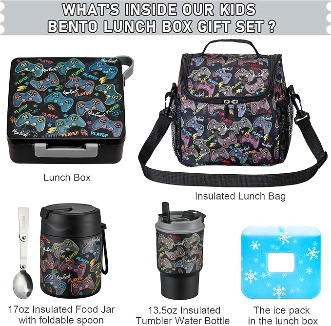 Bento Lunch Box for Kids with 17oz Soup Thermo,Insulated Tumbler Water Bottle and Insulated Lunch Bag,Leak-Proof 3 Compartment Lunch Food Container with with Ice Pack for Kids to School-Game Console