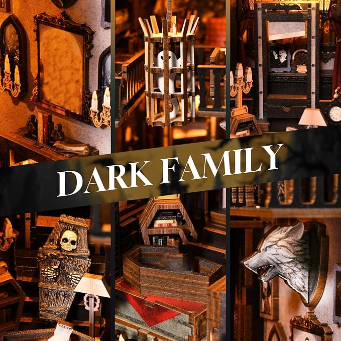 Book Nook Kit - Haunted Manor DIY 3D Wooden Puzzle for Adults, Horror Bookshelf Insert with LED Lights, Halloween Home Decor Gift,The Gothic Dark Family