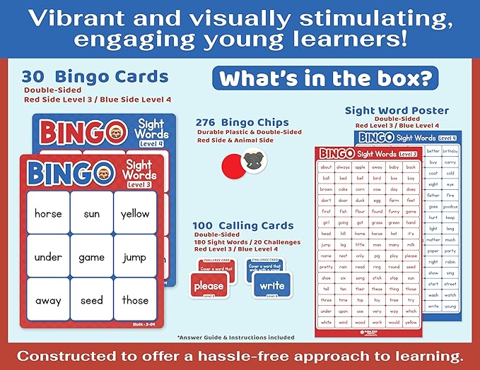 Sight Words Bingo Game for Kindergarten, Learn to Read Sight Word Cards, Word Games for Kids Ages 4-8, Bingo Sight Words Level 3&4