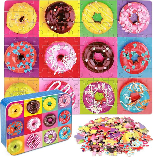 LELEMON Puzzles for Kids Ages 4-8,Donut Puzzle 100 Piece Puzzles for Kids Ages 4-6 in a Metal Box,Educational Jigsaw Puzzles 100 Piece Puzzle Games Toys for Girls and Boys
