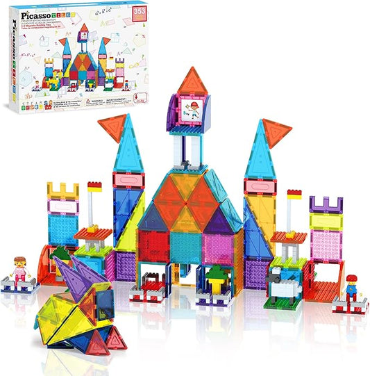 PicassoTiles 353pc Magnetic Brick and Magnet Tile Combo Set with Action Figures STEM Building Block Educational Construction Kit Preschool Classroom Toy Learning Activities for Kids Age 3 Plus PTL353