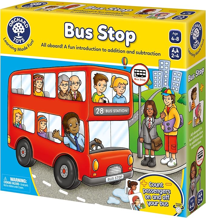 Orchard Toys Moose Games Bus Stop Game. A Fun Introduction to Addition and Subtraction. Pick up and Drop Off Passengers on Your Bus. for Ages 4-8 and for 2-4 Players