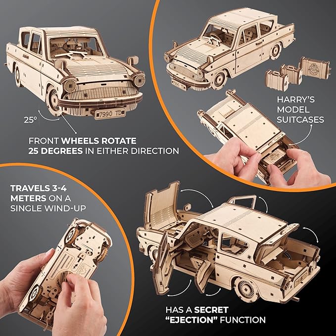 UGEARS Wooden 3D Puzzles for Adults - Flying Ford Anglia Harry Potter Puzzle 3D – Harry Potter Flying Car Building Kits for Adults DIY Model Kit with Spring Drive 244 Pcs