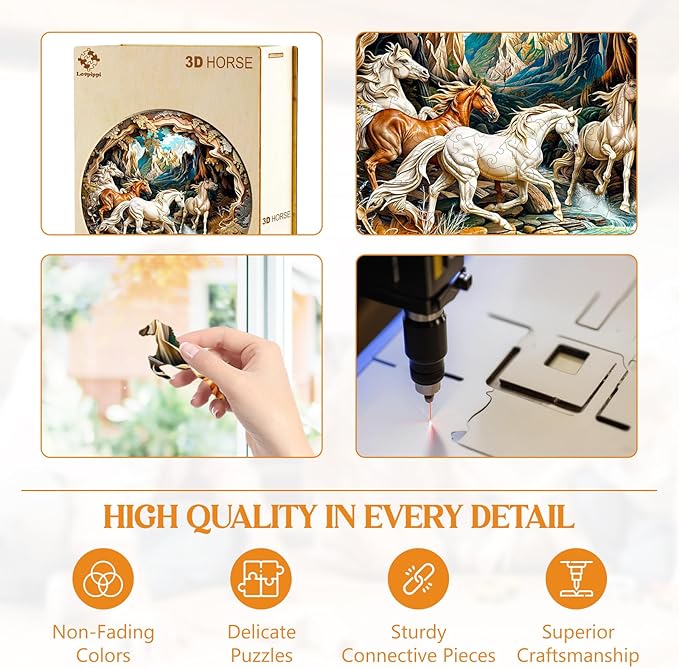 Wooden Puzzles for Adults, Wooden Jigsaw Puzzles for Adults Kids, 3D Vision Effect-3D Horse Unique Shaped Wood Puzzles Adult, Creative Birthday Gifts for Friends Family Game(11.4 * 11.4in 200pcs)