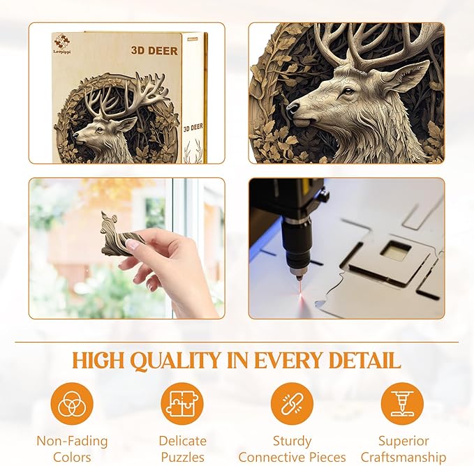 Wooden Puzzles for Adults, Wooden Jigsaw Puzzles for Adults Kids, 3D Vision Effect-3D Deer Unique Shaped Wood Puzzles Adult, Creative Birthday Gifts for Friends Family Game (11.4 * 11.3in 195pcs)
