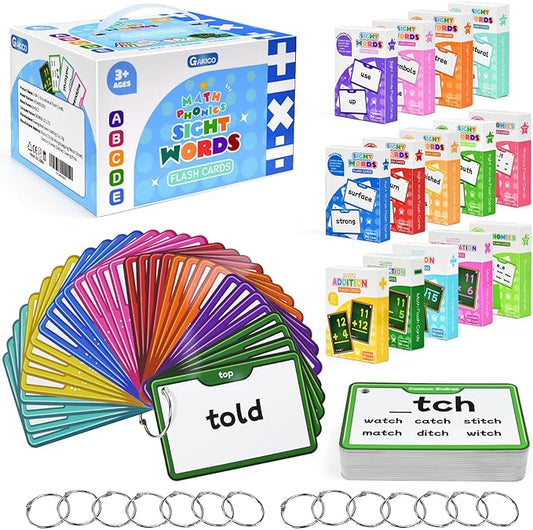 1136 Sight Words/Phonics/Math Flash Cards: 800 Dolch & Fry High Frequency Sight Words, 112 Phonic Flash Cards, 224 Double-Sided Math Flashcards for Kids Pre-K to 6th Grade-784 Cards Total