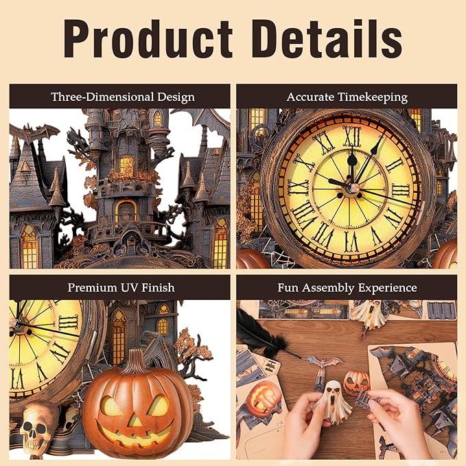 3D Puzzles for Adults Clock-Halloween Cottage Design Model Kit-Mechanical DIY Pendulum Clock with Roman Numerals-Desk Home Office Decor Personalized Gift for DIY Lovers