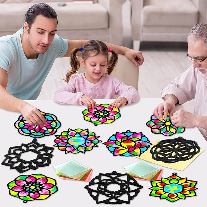 Qyeahkj 36 Set Mandala Suncatchers Crafts for Kids DIY Mandala Window Tissue Paper Craft Kit Art Flower Hanging Decor for Summer School Home Activity Art Project Birthday Party Favor Gift