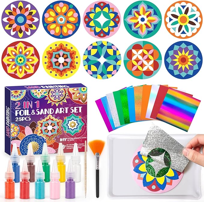 Foil Fun & Sand Art Kit for Kids, 2 in 1 Mandala Foil Arts and Sand Painting Pictures Coloring Kits, DIY Crafts Gifts for Girls and Boys Ages 4-8