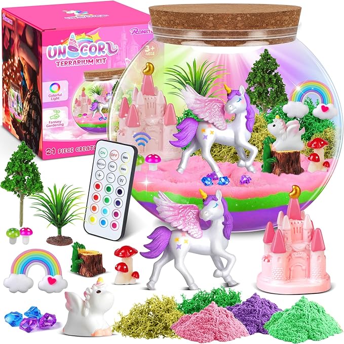 RONSTONE Light-Up Unicorn Terrarium Kit for Girls – DIY Arts & Crafts Gift with Remote-Control LED Night Light – Fun Unicorn Toys for Kids Ages 4 5 6 7 8 9 10 – Birthday or Christmas Gift for Girls