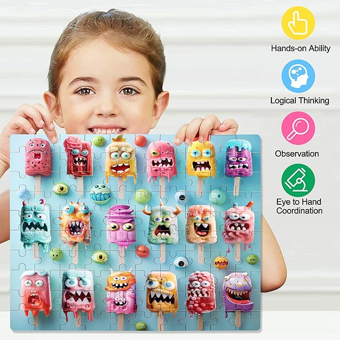 LELEMON Popsicle Monsters Puzzles for Kids Ages 4-8,100 Pieces Funny Colorful Monsters Ice Cream Jigsaw Puzzles in a Metal Box,Cute Monster Popsicles Learning Educational Toys for Boys Girls