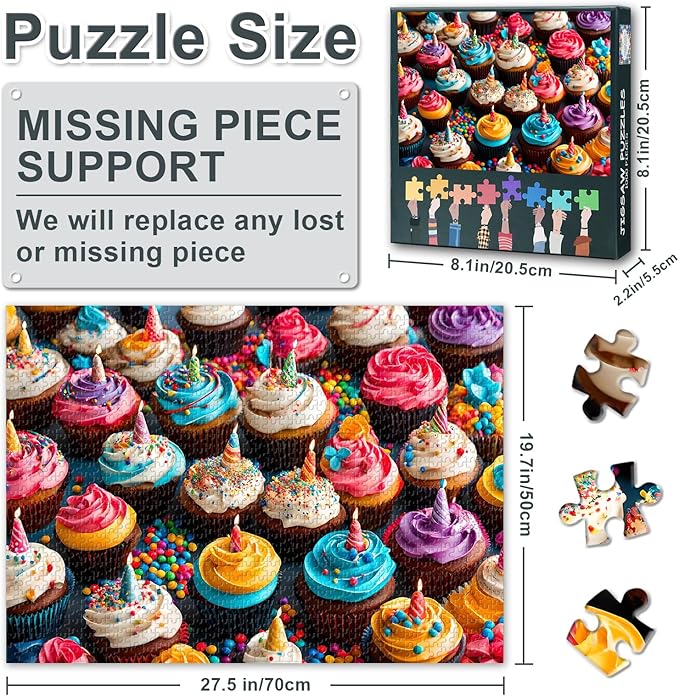 1000 Piece Puzzle for Adults - Cupcake Collection Jigsaw Puzzles, Vibrant Cake Artwork Adult Puzzles 1000 Pieces, Sweetness Design Art - 27.5x19.7 Inches
