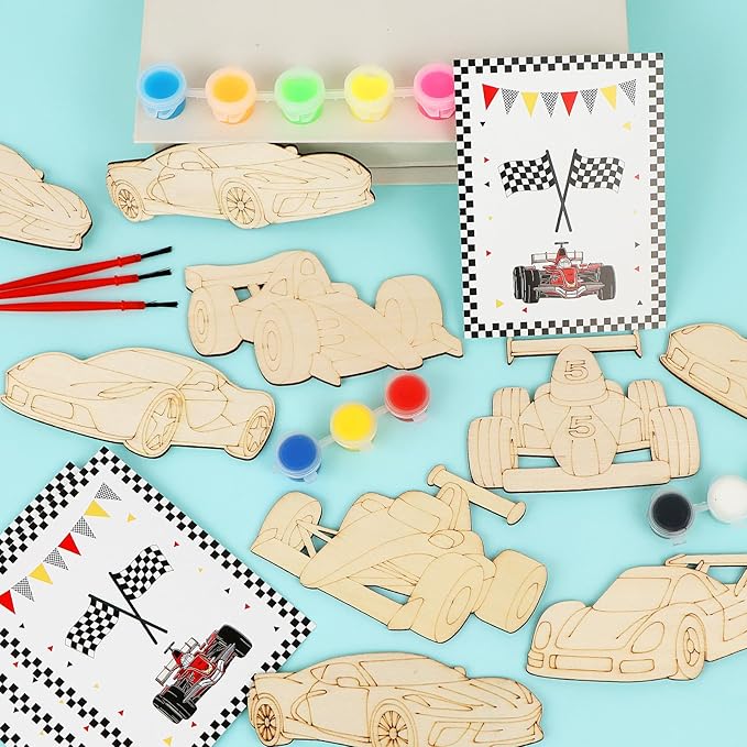 LARDUX Race Car Party Favors, 24PCS DIY Wooden Arts & Crafts Painting Kit for Kids, Glow in The Dark Party Favors Family Crafts Birthday Party Christmas Gifts Toys for Boys Girls
