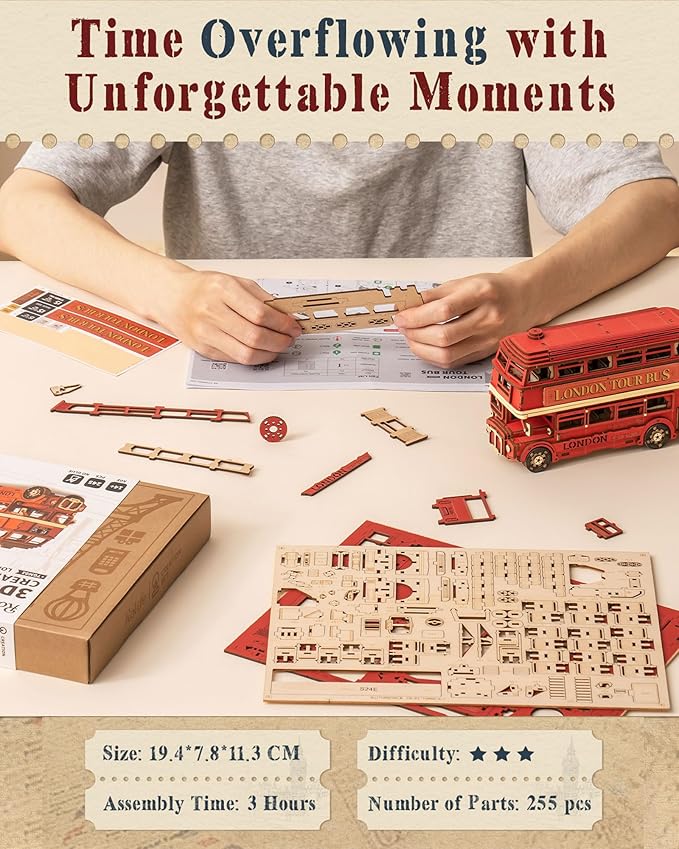 Rolife 3D Wooden Puzzles London Tour Bus 4.4" Wood Model Toy Car to Build Crafts for Adults Collectibles Gifts for Adults