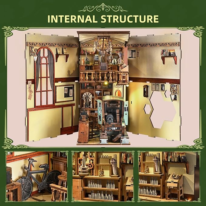 Book Nook Kit, DIY Doll House Booknook, Miniature Kit for Bookshelf Doll Houses for Adults Teen Halloween, 3D Wooden Puzzle Bookends with Led Light and Dust Cover (The Radium Lady)