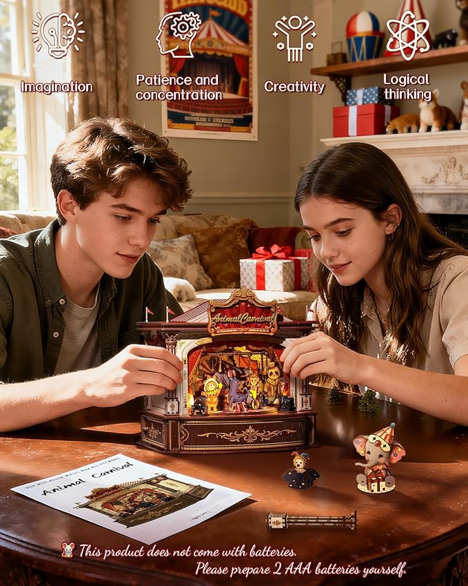 CUTEBEE 3D Wooden Puzzles Music Box - Merry-go-Round DIY Book Nook, Rotating Mechanical Model Building Kit, Wooden Music Box Kit with LED, Craft Hobbies Kit for Adults Birthday for Adults