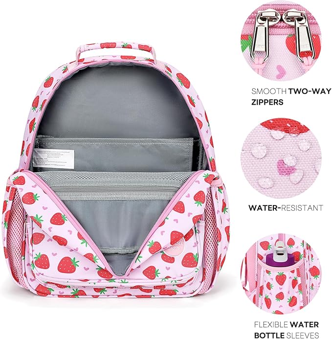 mibasies Girls Backpack 5-8: Lightweight Kids Backpacks for Girls - Girl Bookbag for Elementary School - Strawberry Heart-shaped Pink