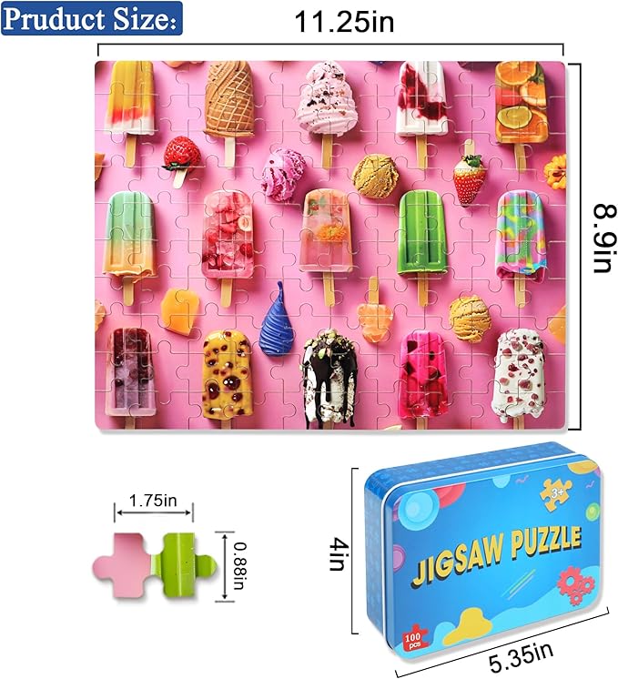 LELEMON Popsicle Puzzles for Kids Ages 4-8,100 Pieces Summer Treats Jigsaw Puzzles in a Metal Box,Colorful Popsicle Ice Cream Learning Educational Puzzles for Boys Girls