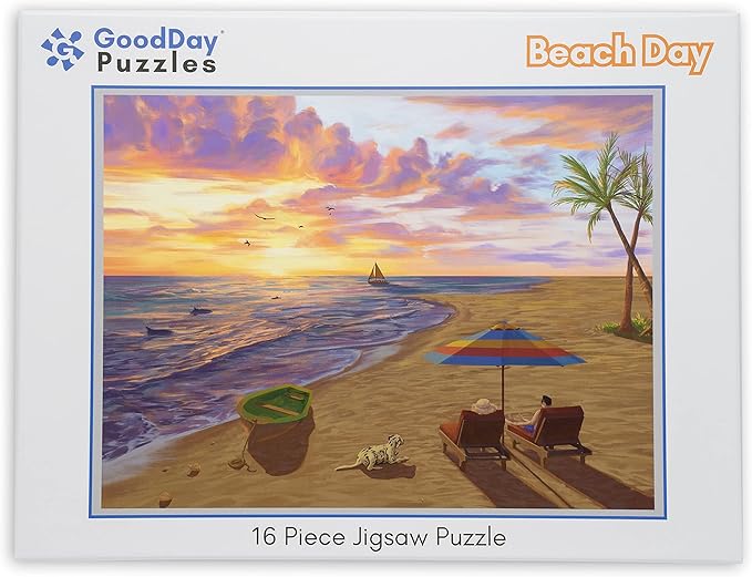 Large Piece Jigsaw Puzzle – Easy & Colorful, Dementia & Memory Activities for Seniors, Elderly Gifts, 16 Pieces, Beach Day