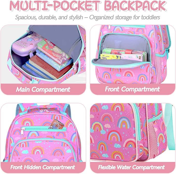 Toddler Backpack for Girls 2-4,Preschool Kindergarten Rainbow Backpacks,Small Backpack for Kids,Toddler Bookbag with Chest Strap