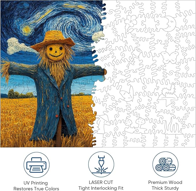 Wooden Puzzles for Adults, Scarecrow and Farmland Puzzles 200 Pieces, Unique Shaped Jigsaw Puzzles for Adults and Kids, Birthday Gifts Fun Family Game 8.9'' x 11.8''