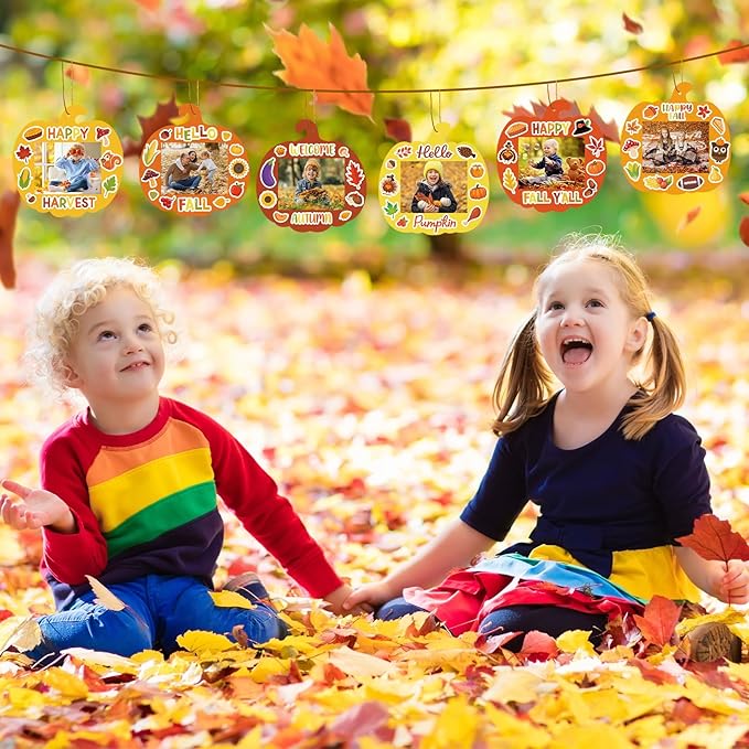 24 PCS Fall Picture Frame Crafts Paper Thanksgiving DIY Photo Frame Crafts Pumpkin Maple Leaf Pine Cone Photo Holder Decor for Thanksgiving Game Activity (Pumpkin)