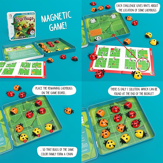 SmartGames LogiBugs Metal Box Magnetic Travel Game with 48 Challenges for Ages 6 - Adult