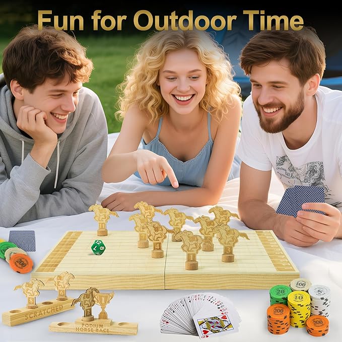 Horse Race Board Game, Magnetic Horse Racing Game with 100 Chips, 12 Magnet Wooden Horses, 2 D12 & 2 Cards, Thickened Solid Wood Horse Game Set Luxury Board Games for Family Nights Party Gifts