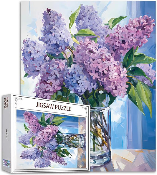 1000 Piece Jigsaw Puzzles for Adults, Purple Lilac in a Glass Vase Jigsaw Puzzles,Blue Flowers with Green Leaves Puzzle,Challenging Family Activity Perfect for Game Nights,Floral Puzzle Wall Art Decor