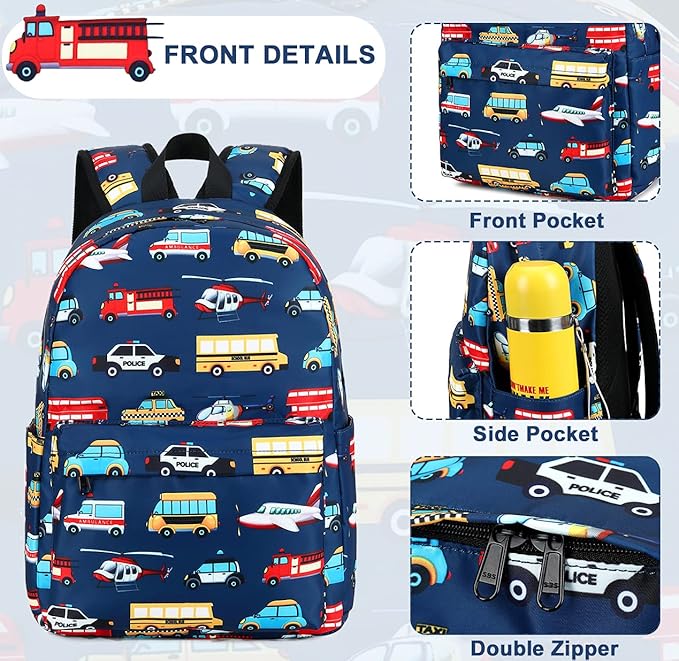 Kids School Backpack with Lunch Box for Boy Kindergarten BookBag School Bag Preschool Kindergarten Toddler Backpack (Car Airplane Pattern-Navy)