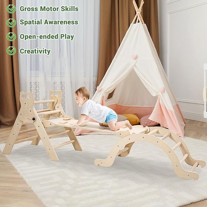 Large Foldable Toddler Climbing Toys Indoor Jungle Gym, Pikler Triangle Set with Cushion, S-lide and Arch, 7-in-1 Montessori Climbing Set(1.5-5yrs)