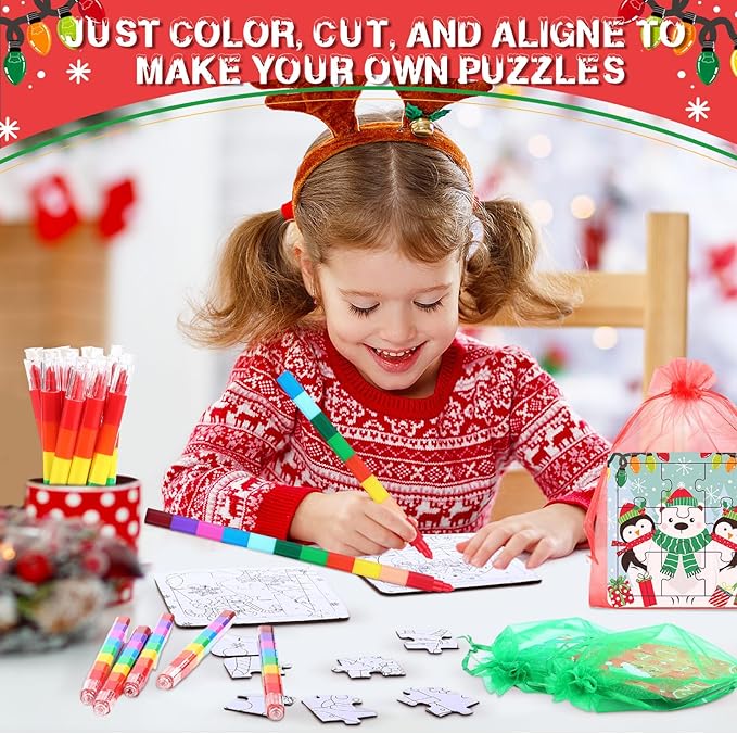 24 Sets Christmas Puzzles Color Your Own Puzzles DIY Jigsaw Crafts with 24 Stackable Crayons and 24 Bags for Learning Education Toys Gifts Prizes Birthday Party Supplies(24, Christmas)