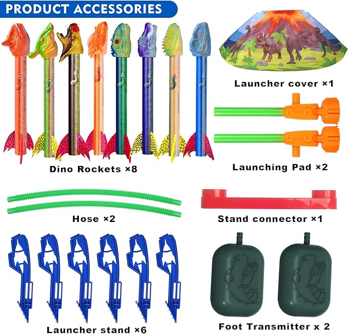 Dinosaur Rocket Launcher for Kids - Launch Up to 100 Ft, 8 Rockets and 2 Pads for Multi-Player, Dinosaur Toys, Birthday Gift Ideas, Toys for 3 4 5 6 7 Year Old Boys, Outdoor Outside Toys