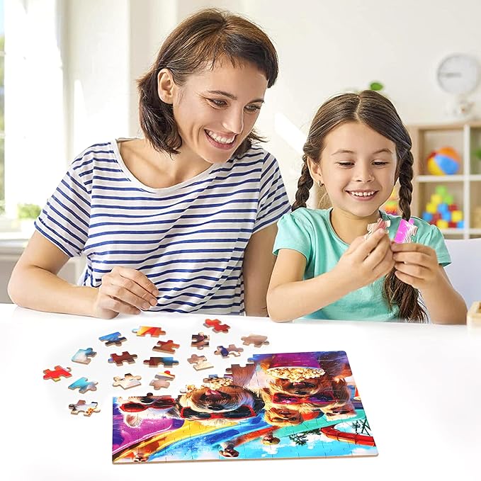 LELEMON Funny Puppy Puzzles for Kids Ages 4-8,100 Pieces Fun at The Amusement Park Dog Jigsaw Puzzles in a Metal Box,Fun Animal Pet Learning Educational Toys for Boys Girls