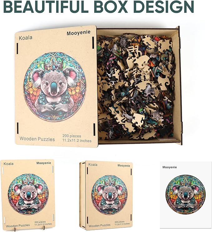 Wooden Jigsaw Puzzle, 200 Pcs Unique 3D Shape Jigsaw Puzzles, Wood Puzzle Gift Box Packing, Medium Size Letter, Creative Gift for Adults and Kids, Fun Challenging (200PCS, Koala)