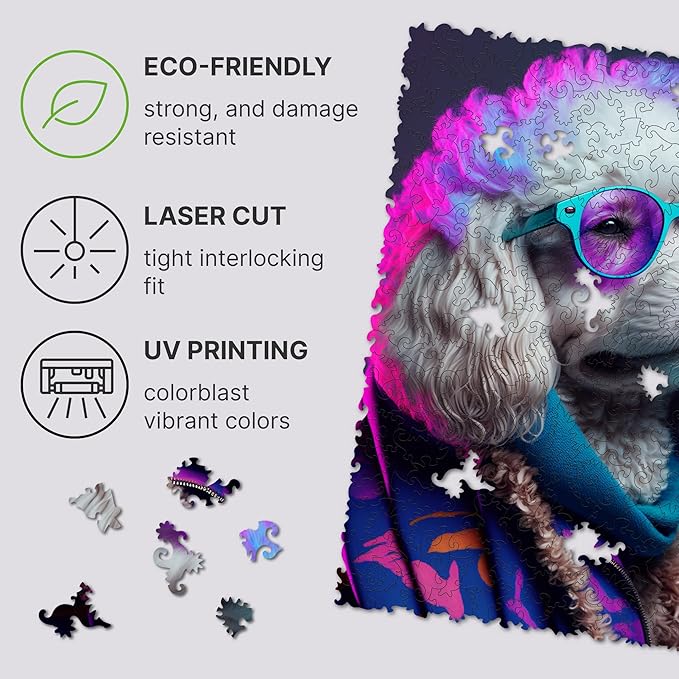 UNIDRAGON Original Wooden Jigsaw Puzzles - Pop Art Glow Up Collection - Sir Poodle - Dog Puzzle 250 Pieces, Beautiful Gift Package, Wooden Puzzle for Adults