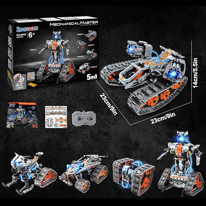 5-in-1 Building Toys with LED Light, APP & Remote Control Building Block Set, 604 PCS RC Tech Rechargeable Tank Robot Sleigh Tracked Racer Toy, Gift for Kids Boys Girls Ages 6 7 8 9 10 11 12+