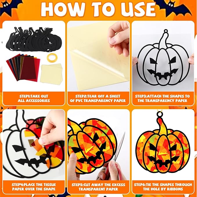 32 Sets Fall Halloween Pumpkin Suncatchers Craft Kit DIY Window Stained Glass Effect Halloween Pumpkin Paper Craft Home School Classroom Decoration Kid Birthday Gift Creative Art Project Activity Game