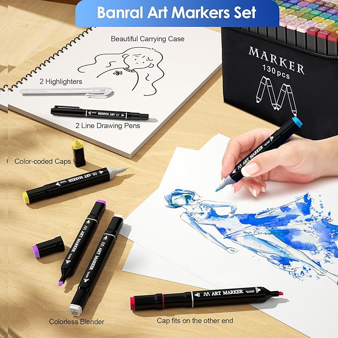 Banral 130 Colors Alcohol Markers Set, Dual Tip Alcohol Based Art Marker for Artists Kids Adult Coloring, Permanent Illustration Sketch Pens for Drawing