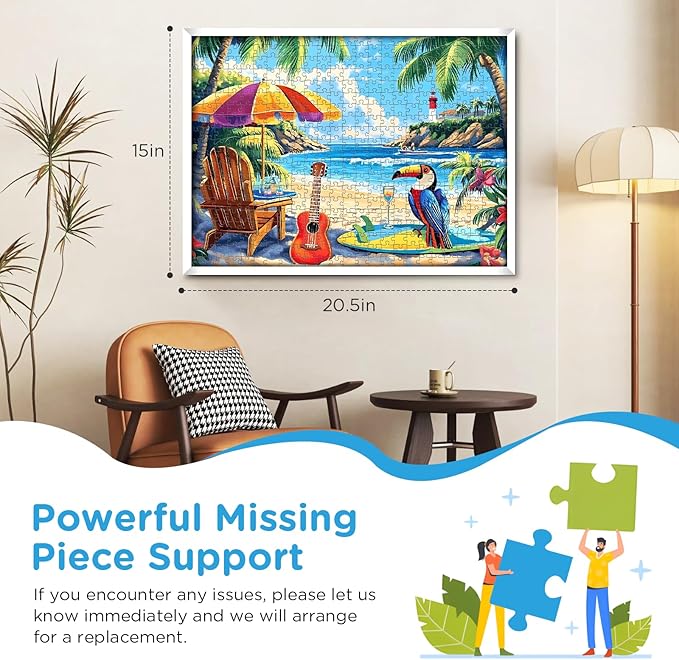 500 Piece Jigsaw Puzzle for Adults, Beach Scenery Jigsaw Puzzle, Chair and Guitar Jigsaw Puzzles, Seaside Lover Challenging Puzzles for Friends Family Activity Game Nights Gifts