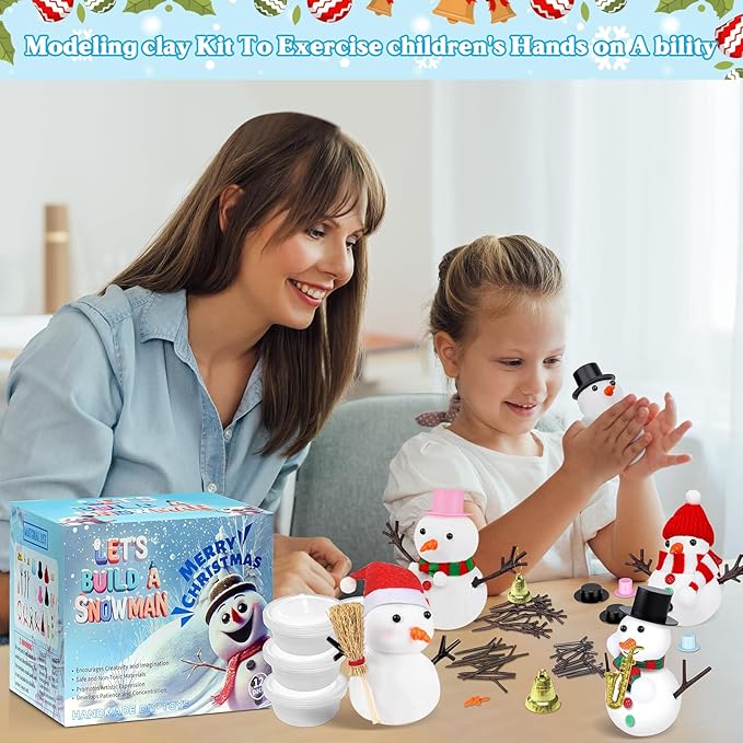 12 Pack Build a Snowman Kit, DIY Christmas Crafts for Kids, Modeling Clay Snowman DIY Kit, Christmas Crafts Xmas Gift Winter