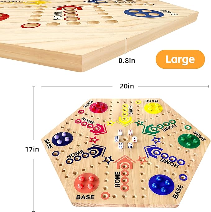 Wooden Board Game, Board Game Original Marble Game Double Sided Painted 2 to 6 Player Fast Track Board Game Wooden with 6 Colors 24 Marbles 6 Dice for Adults Kids Family(20 INCH)