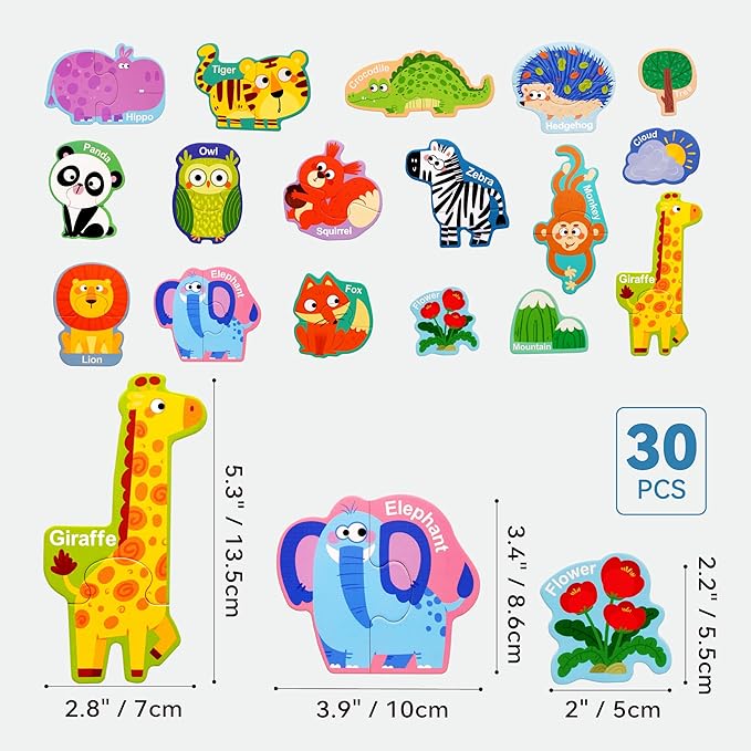 Dotimo Wild Animal Magnetic Preschool Puzzles for Toddlers 3-5, 30 PCS with 13 Pairs Animal Cognition, Kids Refrigerator Magnets, Travel Toys & Preschool Educational Activity