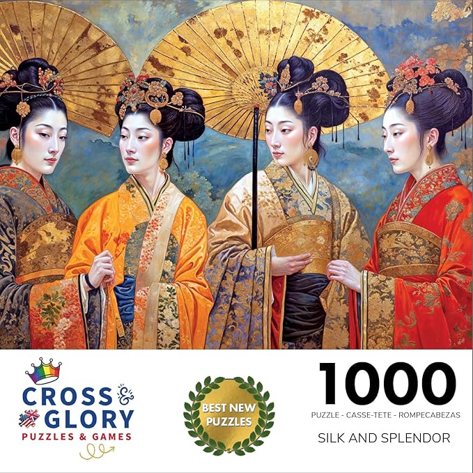 Cross & Glory - Silk and Splendor: an Imperial Puzzle Panorama - 1000 Piece Jigsaw Puzzle for Adults | Tang Dynasty Art | Textured Oil and Watercolor Mix