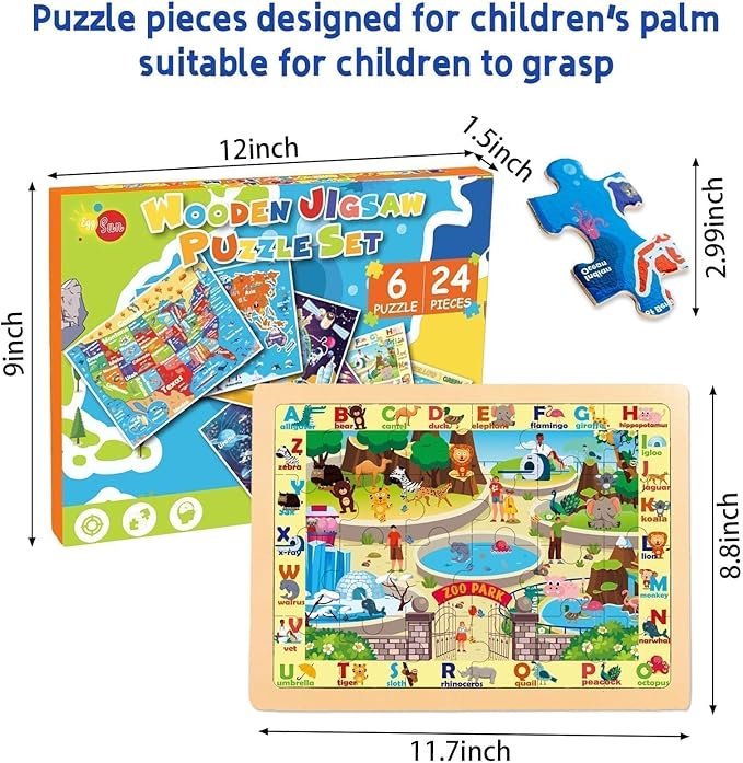 Wooden Puzzles for Toddlers 3 5, 6 Packs 24Pcs Solar System Wooden States World Map Kids Puzzles Ages 4 8, Preschool Educational Brain Toys Gifts for Boys and Girls 2 4 3 5 Year Old