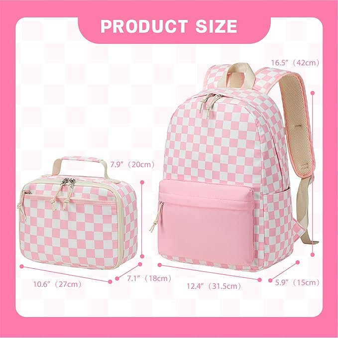 LEDAOU Kids School Backpack with Lunch Box for Girl Boy Toddler BookBag School Bag Preschool Kindergarten Backpack (Pink Checkered)