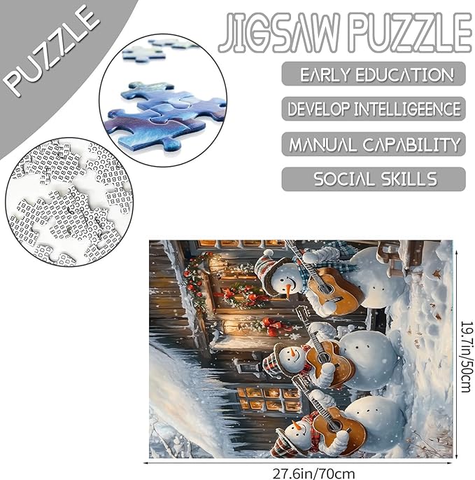Merry Christmas 1000 Piece Jigsaw Puzzles for Adults Snowman Playing Guitar Painting Jigsaw Puzzle Winter Landscape 1000 Pieces Puzzles Game Home Wall Decor DIY Craft Wooden House Puzzle Art Gift