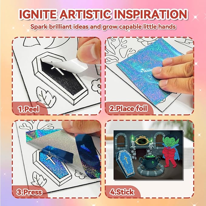 Halloween Crafts for Kids Foil Art No Mess Foil Craft Toy for Kids Ages 4 5 6 7 8 9 10, DIY Activity Kit with Spooky Ghosts, Pumpkins & Bats,Halloween Party Favors Toys & Games for Boys and Girls