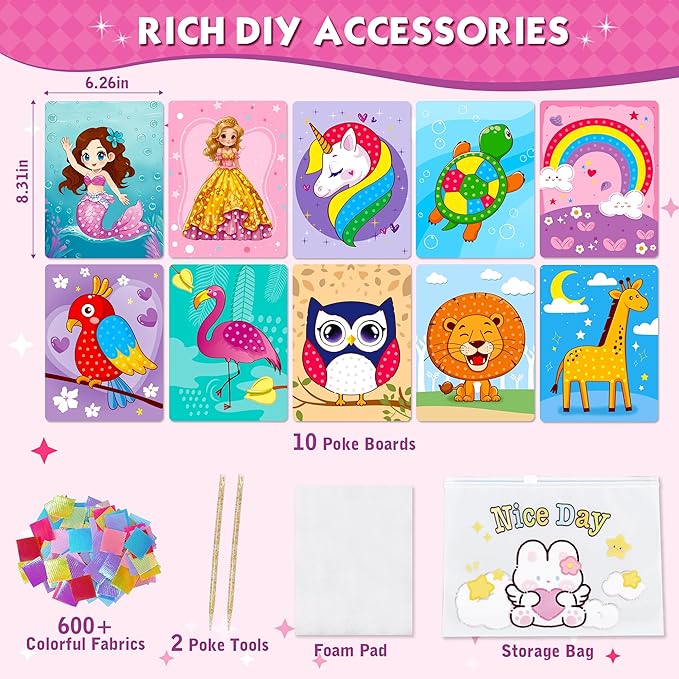 Poke Art Kit for Girls - No Mess Art Craft Activity, DIY Poke Hands Art for Kids, Creative Sensory Toy Set, Birthday Xmas Gifts for Ages 3 4 5 6-8 Year Old Girls Toys
