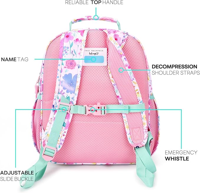 mibasies Kids Backpack for Girls: Girls Backpack 5-8 - Kindergarten Elementary School Bookbag for Girl - Flower Pink Turquoise